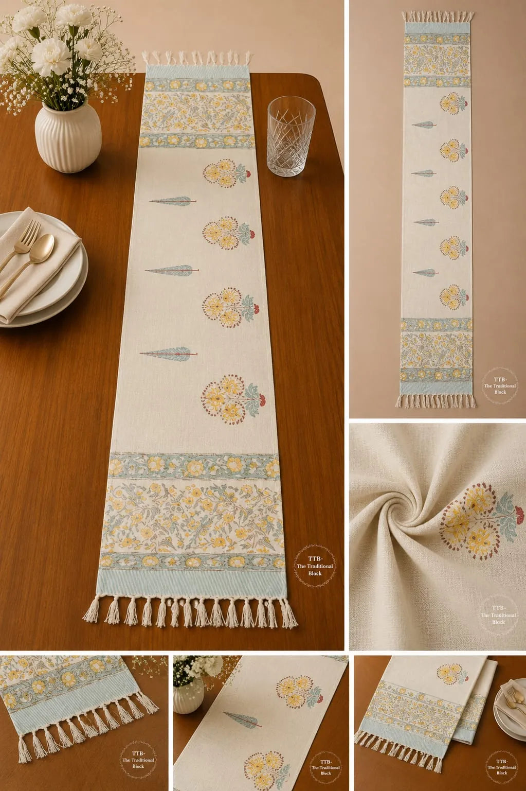 Yellow and blue floral handblock printed jute table runner on wooden dining table