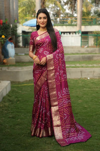Premium Handcrafted Bandhej Silk Saree - Luxurious Jari Border for Festive Wear