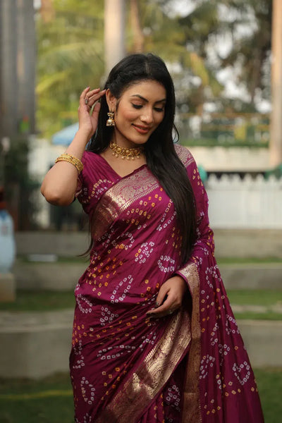 Premium Handcrafted Bandhej Silk Saree - Luxurious Jari Border for Festive Wear