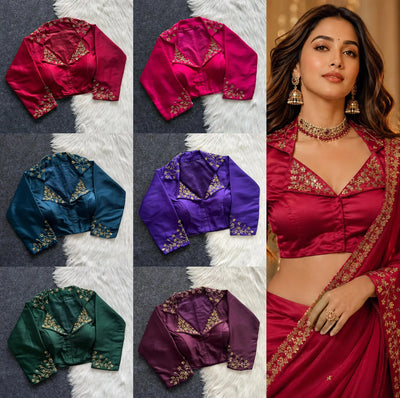 Premium Handcrafted Blueberry Silk Blouse with Elegant Collar Embroidery - Festive Wear for Women