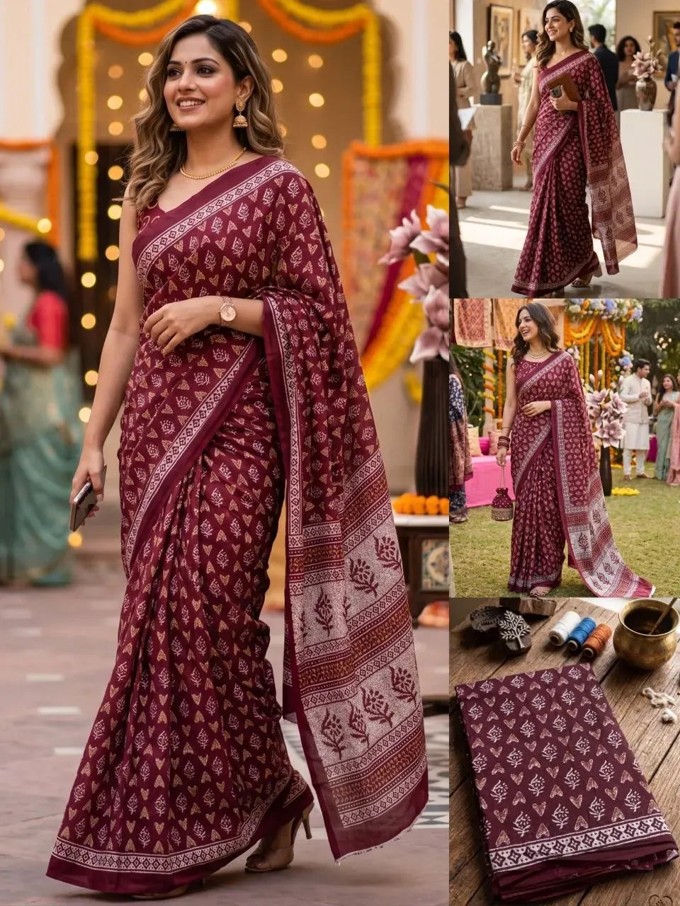 Smiling model wearing maroon block printed cotton saree with gold necklace