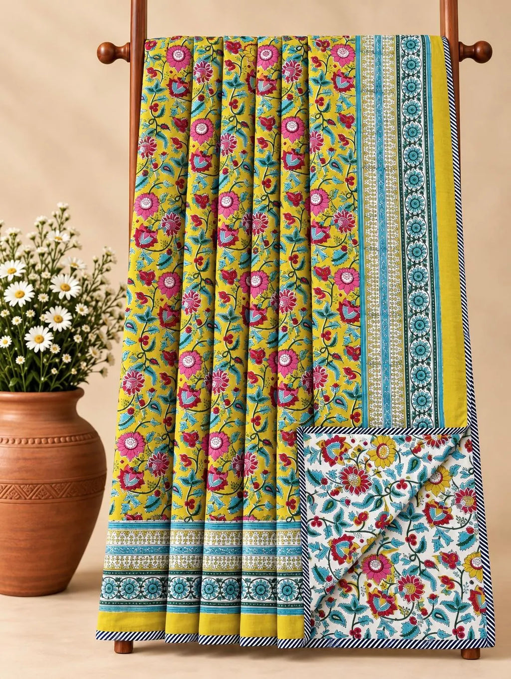 Yellow hand block printed cotton dohar with pink and blue floral motifs