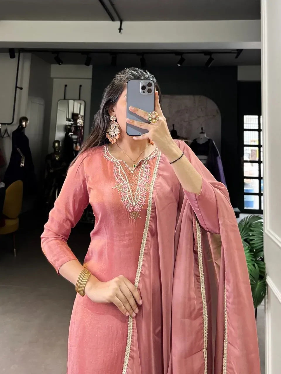 Coral Pink Handcrafted Viscose Tissue Kurti Set with Organza Dupatta