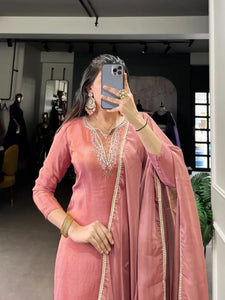 Exclusive Coral Pink Handcrafted Viscose Tissue Kurti Set with Organza Dupatta