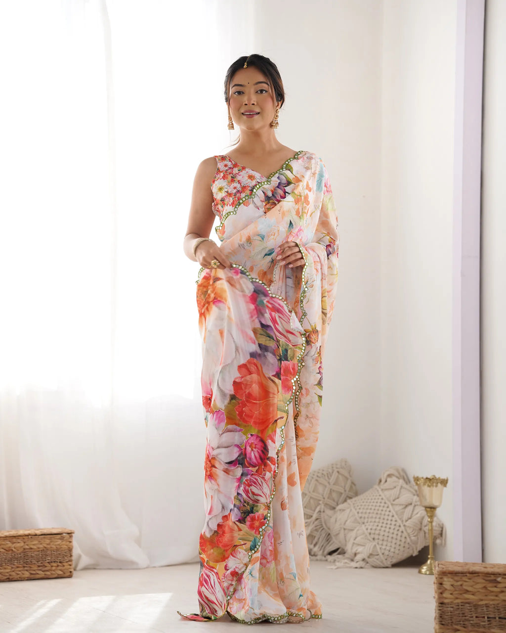 Front full view of model in heavy chinnon floral print saree