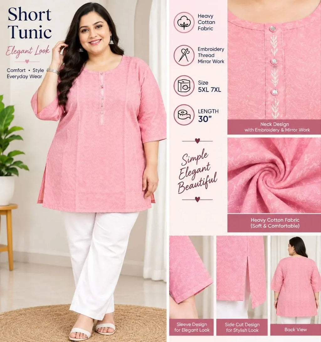 Plus size model wearing pink heavy cotton short tunic with white pants