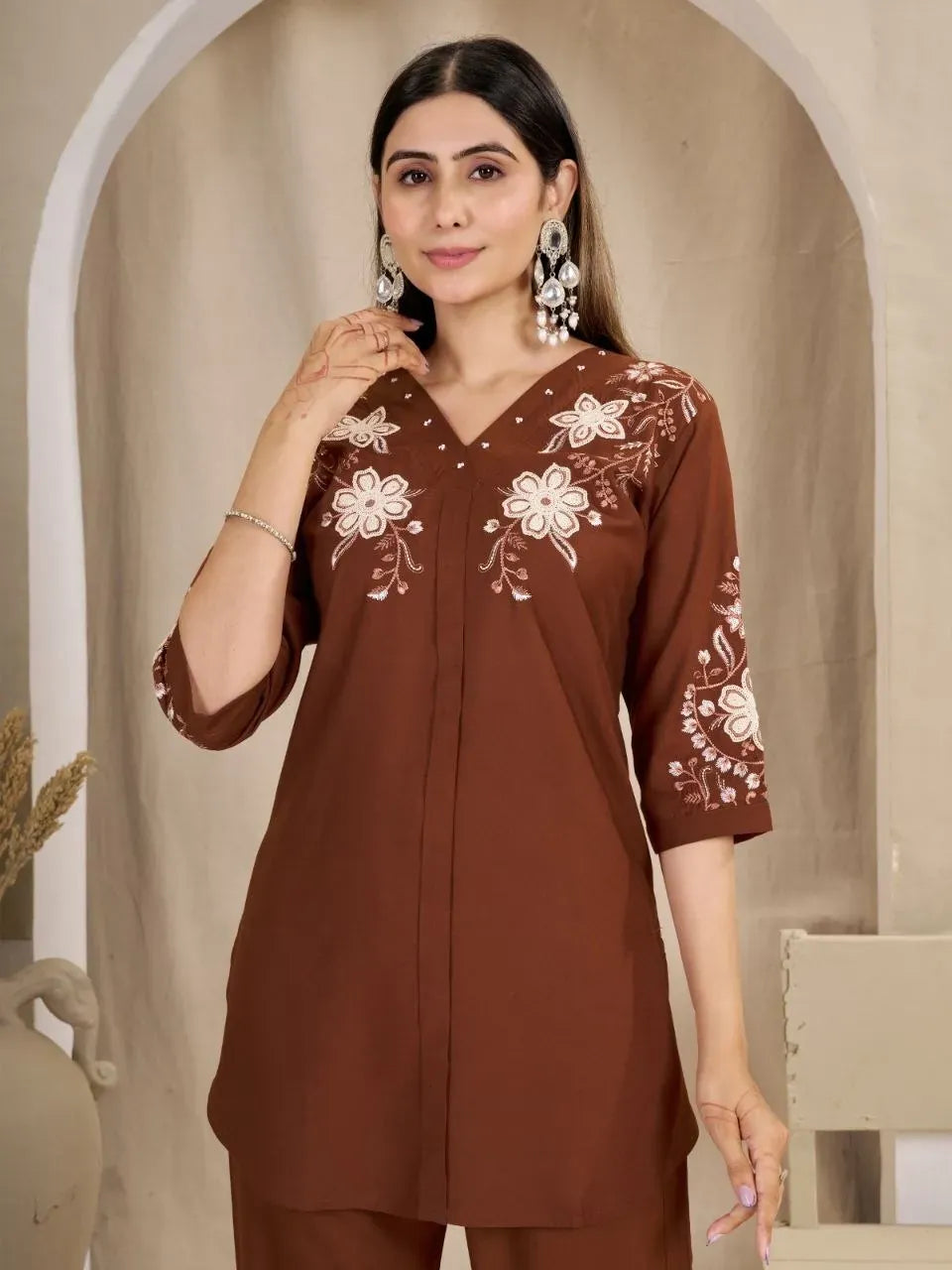 Model wearing brown heavy rayon embroidered co ord set front view