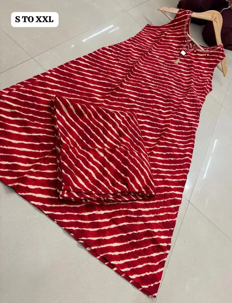 Red heavy rayon lehriya sleeveless kurti with matching plazo pant on hanger