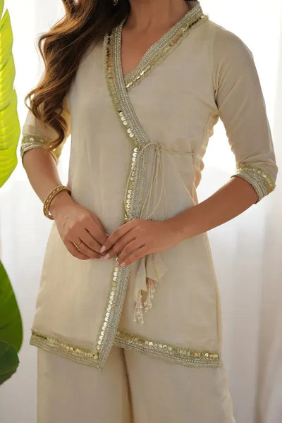 Premium Ivory Wrap Kurta Set with Lace Detailing for Women