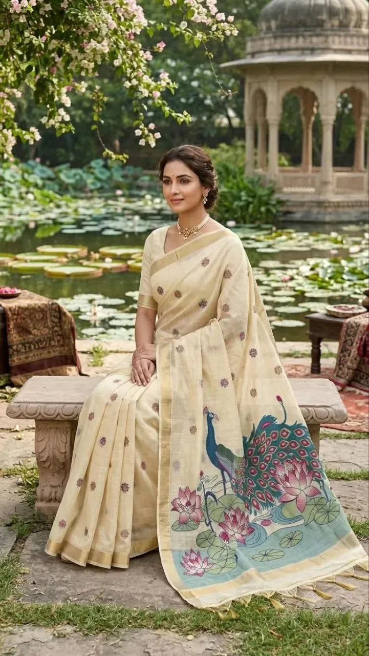 Model sitting gracefully wearing cream Jamdani cotton saree by garden