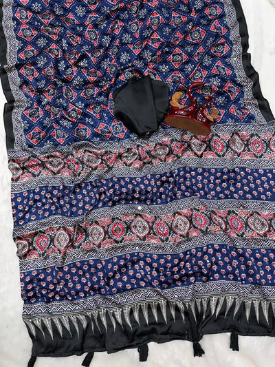 Premium Japan Satin Ajrakh Saree with Real Mirror Work for Festive Prep