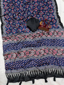 Premium Japan Satin Ajrakh Saree with Real Mirror Work for Festive Prep