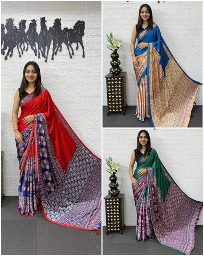 Premium Japan Satin Silk Saree with Heavy Mirror Work for Festive Wear