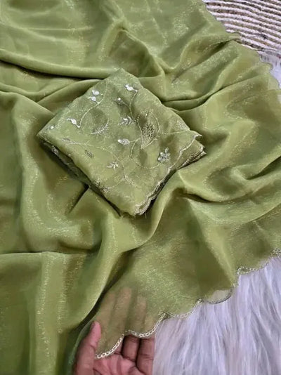 Premium Jimmy Choo Silk Saree with Heavy Embroidered Blouse for Festive Wear