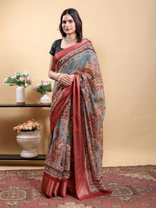 Premium Kalamkari Linen Cotton Saree with Patola Print & Maroon Border for Festive Wear