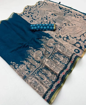Premium Kalamkari Linen Saree with Zari Border - Elegant Festive Wear for Women