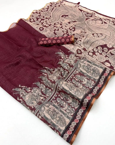 Premium Kalamkari Linen Saree with Zari Border - Elegant Festive Wear for Women