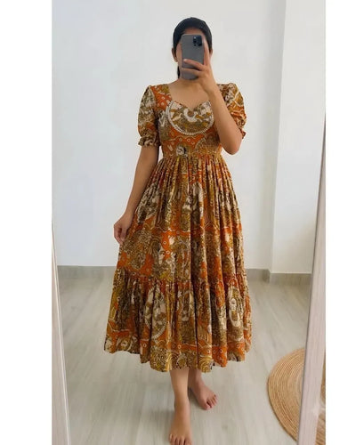 Premium Kalamkari Muslin Cotton Maxi Gown - Elegant 4-Meter Flare Festive Wear for Women