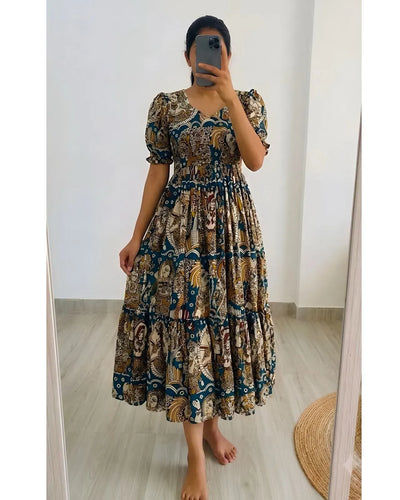Premium Kalamkari Muslin Cotton Maxi Gown - Elegant 4-Meter Flare Festive Wear for Women