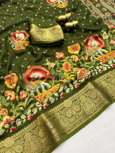Premium Kalamkari Print Saree with Heavy Jacquard Border - Elegant Festive Wear for Women