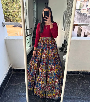 Premium Kalamkari Printed Flared Maxi Kurti - Soft Muslin with 4 Meter Flair for Women