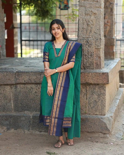 Premium Kanchi Cotton Kurti Set - Elegant Jacquard Weaving with Dupatta for Women