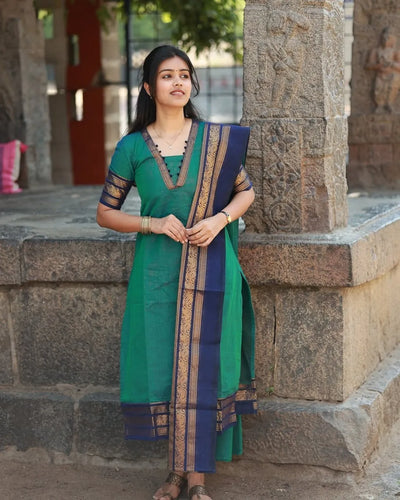 Premium Kanchi Cotton Kurti Set - Elegant Jacquard Weaving with Dupatta for Women