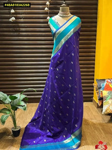 Exclusive Royal Blue Kanjivaram Soft Silk Saree with Copper Zari Jaal Weaves and Contrast Teal Border