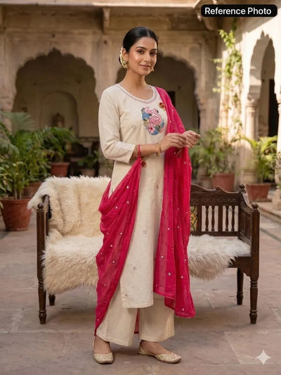 Premium Khadi Cotton Kurta Pant Set - Embroidered Festive Wear with Dupatta for Women