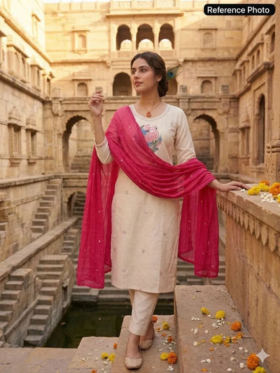 Premium Khadi Cotton Kurta Pant Set - Embroidered Festive Wear with Dupatta for Women