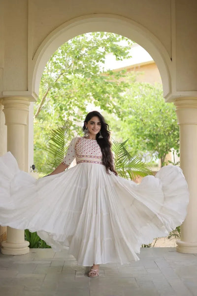 Premium Kora Cotton Embroidered Gown with 12m Flair - Festive Wear
