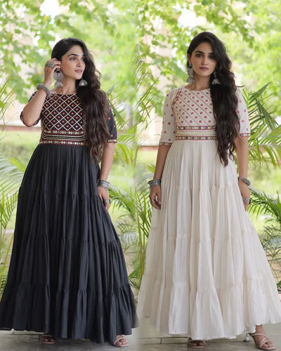 Premium Kora Cotton Embroidered Gown with 12m Flair - Festive Wear