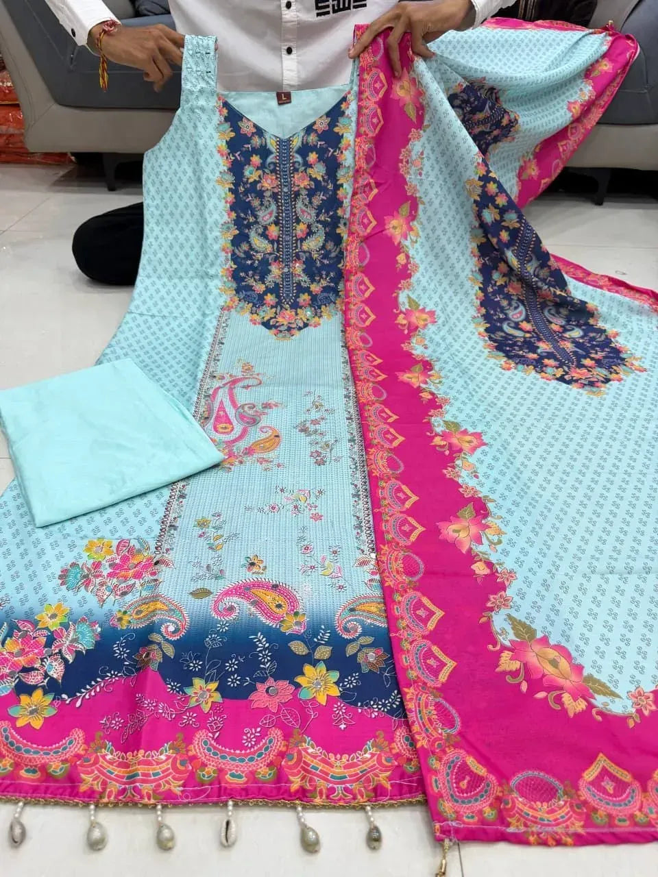 Full layout of light blue 4-piece kurti set with pink floral border dupatta and matching pants