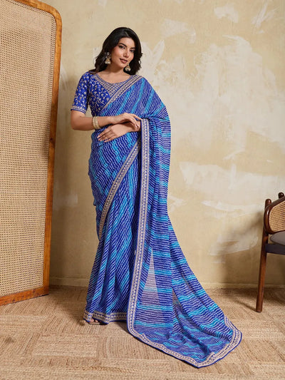 Premium Laheriya Bandhej Georgette Saree - Soft Fabric & Heavy Embroidery Blouse for Women