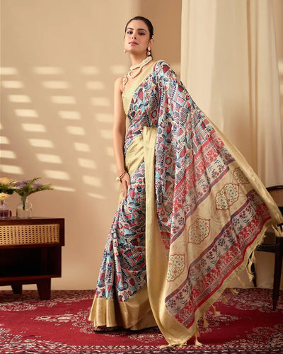 Premium Lichi Silk Saree with Multicolor Digital Weaving & Golden Zari Border - Festive Wear for Women