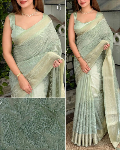Premium Linen Cotton Chikankari Saree with Elegant Zari Border for Women