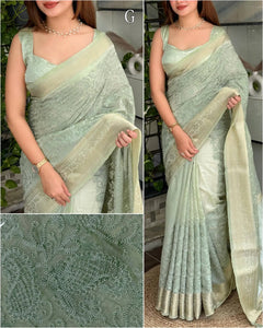 Premium Linen Cotton Chikankari Saree with Elegant Zari Border for Women