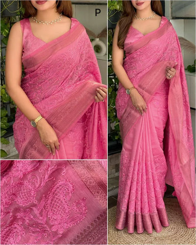 Premium Linen Cotton Chikankari Saree with Elegant Zari Border for Women