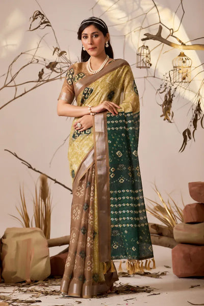 Premium Linen Cotton Patola Print Saree with Contrast Border - Festive Wear for Women