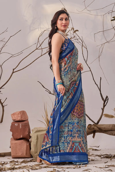 Premium Linen Cotton Patola Print Saree with Designer Blouse - Festive Wear for Women