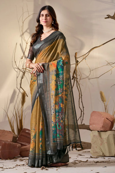 Premium Linen Cotton Saree - Artistic Floral Print with Patola Border for Festive Wear