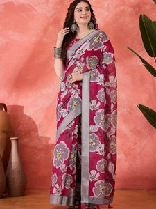 Premium Linen Cotton Saree - Bold Floral Digital Print Festive Wear for Women