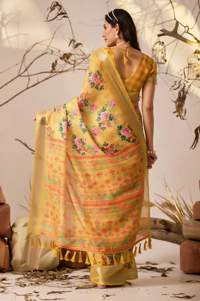 Premium Linen Cotton Saree - Elegant Digital Floral & Patola Print Festive Wear for Women