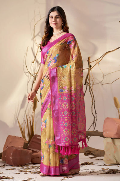 Premium Linen Cotton Saree - Elegant Digital Floral Print & Patola Border for Women