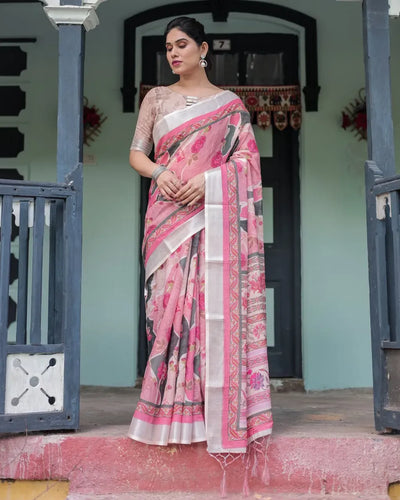 Premium Linen Cotton Saree - Elegant Festive Floral Print
