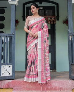 Premium Linen Cotton Saree - Elegant Festive Floral Print