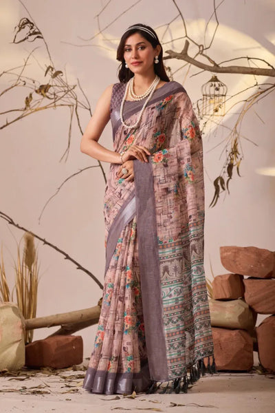 Premium Linen Cotton Saree - Elegant Festive Floral Print