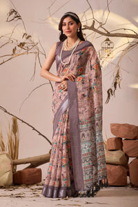 Premium Linen Cotton Saree - Elegant Floral Festive Wear