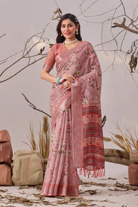 Premium Linen Cotton Saree - Elegant Floral Festive Wear
