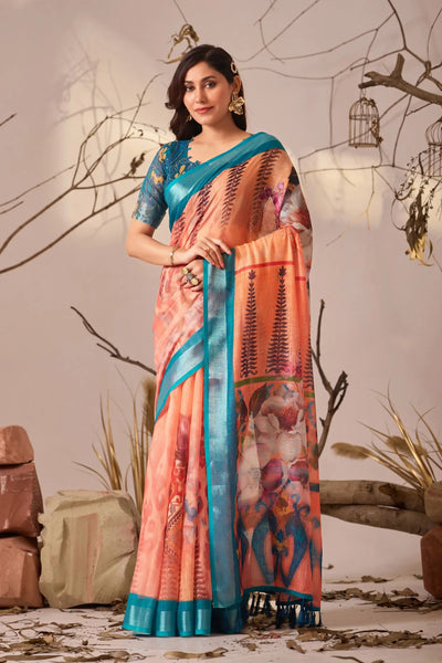 Premium Linen Cotton Saree - Elegant Floral Festive Wear